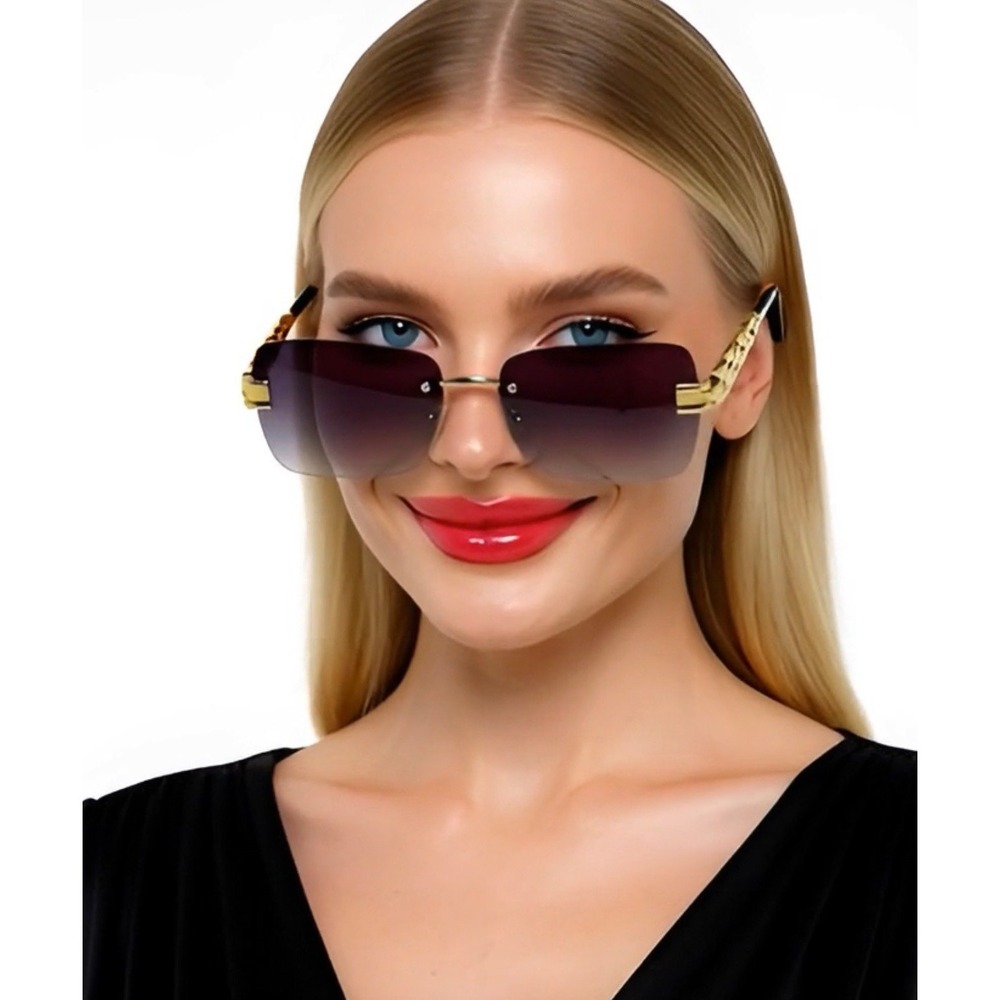 Rimless Sunglasses Gold Chain Black Gradient Lens Fashion‎ Trendy Shades Lentes